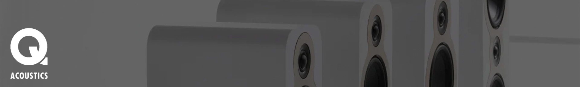 Grey background with the Q Acoustics logo on the left, featuring several sleek white speakers with visible woofers on the right, creating a modern and high-end audio equipment vibe.