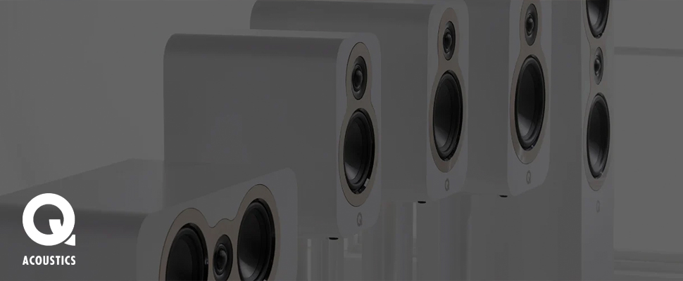 Grey background with the Q Acoustics logo on the left, featuring several sleek white speakers with visible woofers on the right, creating a modern and high-end audio equipment vibe.