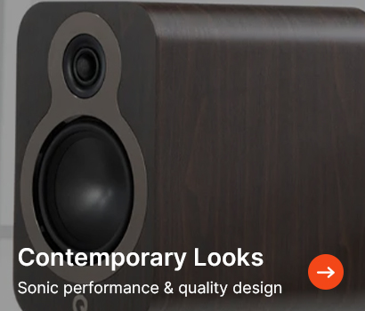 Close-up of a modern speaker with dark wood finish, featuring a large woofer and a smaller tweeter. Text reads "Contemporary Looks. Sonic performance & quality design."