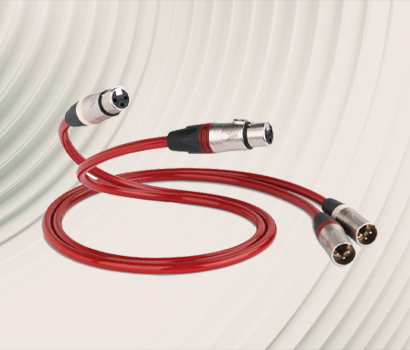 Red audio cables with XLR connectors, one end looping into two, are set against a softly curved, striped background. Modern and technical vibe.