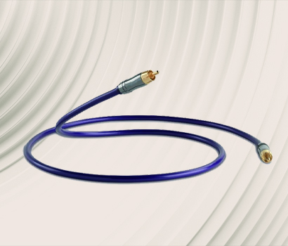 A blue coaxial cable with gold-plated connectors is coiled on a light background with curved lines, conveying a modern and technological feel.