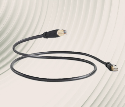 Black Ethernet cable with RJ-45 connectors on both ends, coiled on a light textured surface. The image conveys a sense of technology and connectivity.