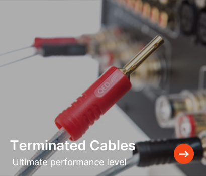 Red and black terminated cables connected to audio equipment, emphasizing high performance. Text overlay: "Terminated Cables: Ultimate performance level."