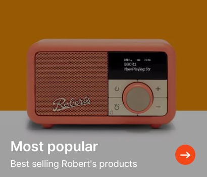 Retro-style orange radio with digital display and controls. Text below reads 'Most popular, Best selling Robert's products.' Orange arrow on right.