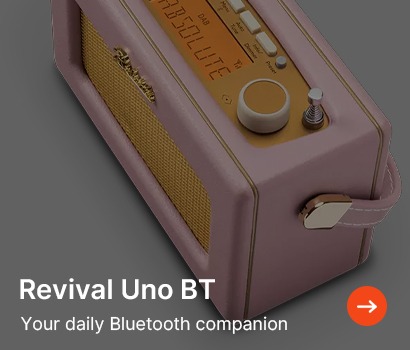 A vintage-style pink and gold Bluetooth radio titled "Revival Uno BT" with a display and buttons. Caption reads, "Your daily Bluetooth companion."