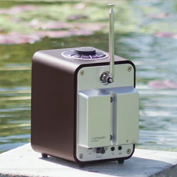 A compact, vintage-style radio with an antenna sits on a ledge by a calm pond with lily pads.