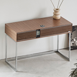 Modern wooden radiogram with sleek metal legs stands against a white wall. A minimalist vase with reeds decorates the radiogram, conveying a contemporary vibe.