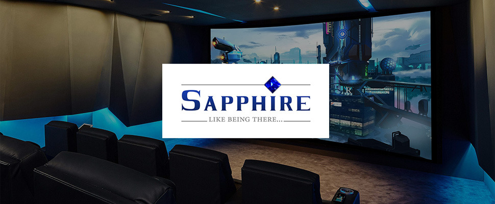 Logo with 'Sapphire' and diamond icon on white background beside a futuristic cityscape on a computer screen, emitting a cyberpunk vibe.