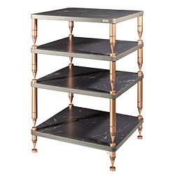 Four-tier shelving unit with black marble shelves and copper-coloured legs. The design is elegant, conveying a modern and sophisticated tone.