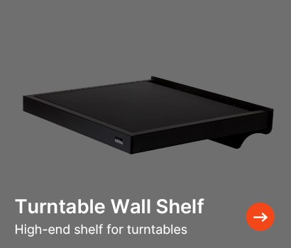 A sleek, black turntable wall shelf against a grey background, featuring a minimalist design. Text reads, "Turntable Wall Shelf: High-end shelf for turntables."
