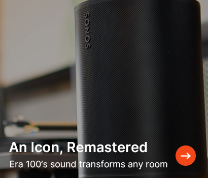 A sleek black Sonos speaker in a modern setting. Text reads, “An Icon, Remastered. Era 100’s sound transforms any room.” A red arrow icon is visible.
