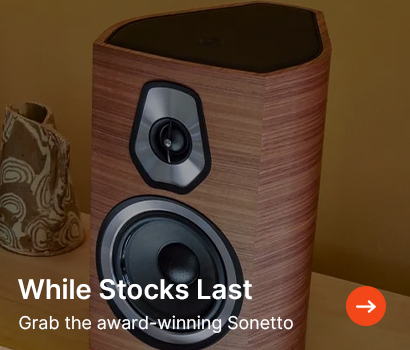 A wooden speaker on a shelf next to a patterned vase. Text overlay reads, "While Stocks Last. Grab the award-winning Sonetto" with an arrow icon.