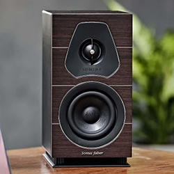 A sleek wooden speaker with a modern design sits on a table. It features two circular drivers and an elegant finish, conveying a sense of high-quality audio.