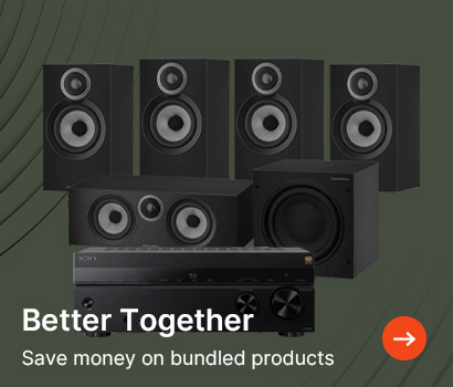 Audio system with five black speakers and a subwoofer arranged on a dark background. Text: "Better Together. Save money on bundled products." An orange arrow icon indicates more.