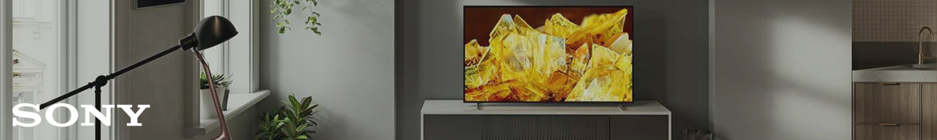Stylish modern living room with a Sony TV on a sleek console. The TV displays vibrant yellow crystals. A lamp and plants add a cozy touch.