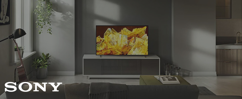 Stylish modern living room with a Sony TV on a sleek console. The TV displays vibrant yellow crystals. A lamp and plants add a cozy touch.