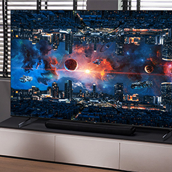 A large flat-screen TV displays a vibrant sci-fi space scene, featuring planets, spaceships, and a glowing cosmic explosion. The atmosphere is adventurous.