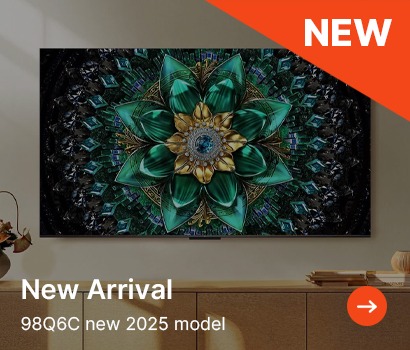 New 98Q6C 2025 model TV displayed on a cabinet. Screen shows a vibrant green and gold mandala pattern. Red 'NEW' label in the top right corner.