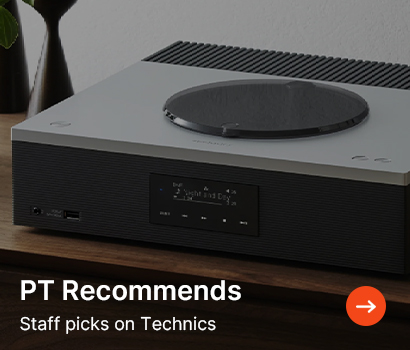 A sleek Technics audio system is showcased on a wooden table. Text reads "PT Recommends: Staff picks on Technics" with an orange arrow button.