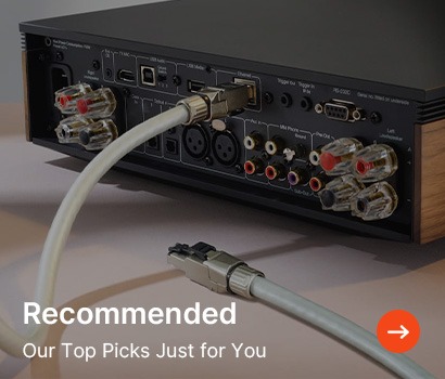 Back view of a stereo receiver showing various audio/visual ports, with a connected cable in focus. Text overlay reads, "Recommended: Our Top Picks Just for You."