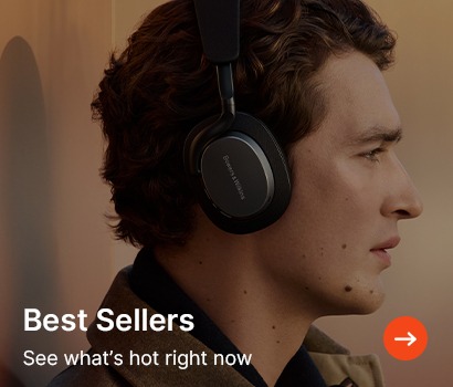 A person wearing headphones looks thoughtful against a warm-toned background. Text reads "Best Sellers: See what's hot right now" with an arrow icon.