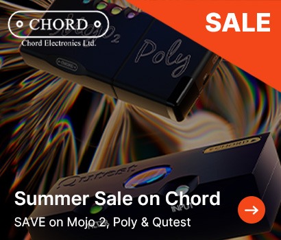 Summer sale ad for Chord Electronics. Features audio devices, Mojo 2 and Poly, against a vibrant, swirling background. Text highlights discounts.