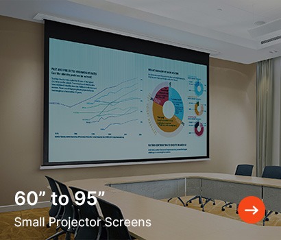 Conference room with a large projector screen displaying data visuals, including graphs and pie charts. Text reads "60” to 95” Small Projector Screens."