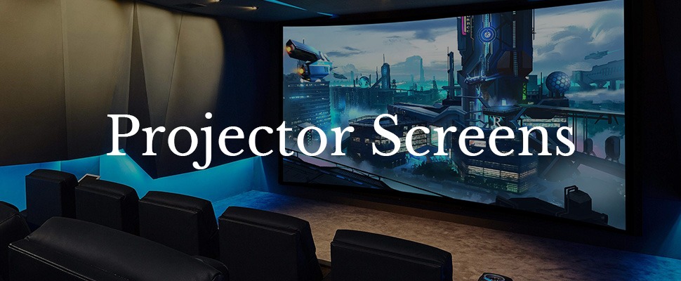 Home theatre with blue accents features a large projection screen displaying a futuristic cityscape at night. Text reads "Projection Screens."
