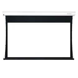 White projection screen with a black border, designed for presentations or home theatres. The screen is framed by a sleek white case.