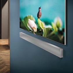 A wall-mounted TV displays vivid green foliage and a bird, above a sleek, grey soundbar on a blue wall. The setup conveys modern elegance.