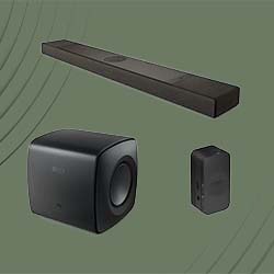 Modern sound system components on a green background, including a sleek black soundbar, a compact subwoofer, and a wireless speaker.