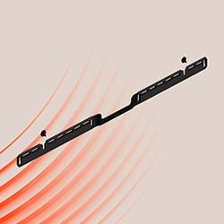 A sleek black metal bracket with curved red lines suggesting motion, set against a beige background. Two screws are positioned near each end.