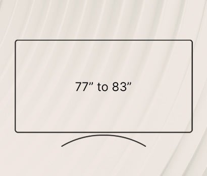 A minimalist graphic showing the text "77” to 83" centred inside an outline of a large, curved TV screen, with a light beige textured background.