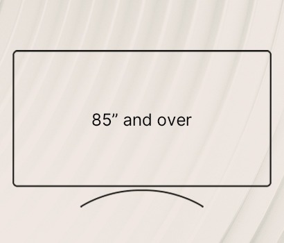 A minimalist graphic showing the text 85" and over centred inside an outline of a large, curved TV screen, with a light beige textured background.