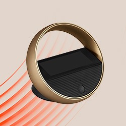 A modern, circular digital device with a bronze frame and black screen, set against a beige background with wavy red lines, evoking elegance and innovation.