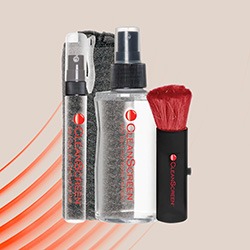 A set of screen cleaning products against a beige background with red stripes. Includes spray bottles, a cloth, and a red-bristled brush. Modern and sleek design.