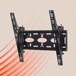 A black TV wall mount with an adjustable tilt is displayed against a beige background with curved red lines, conveying a sleek, modern design.