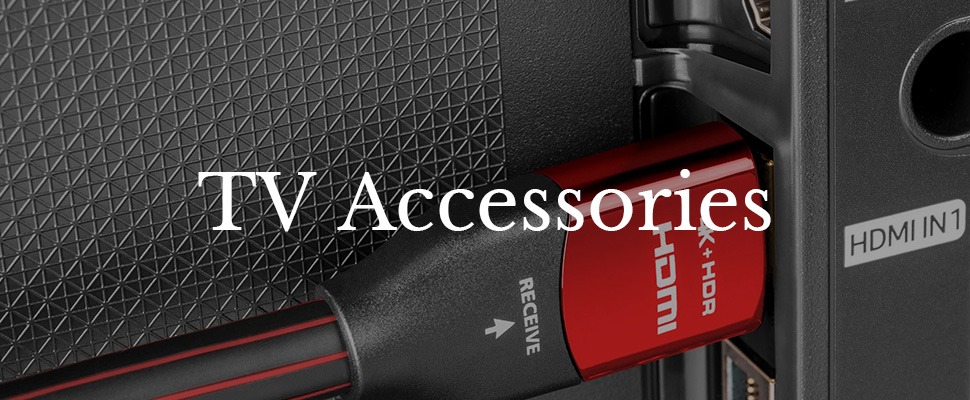 Close-up of a 4K HDR HDMI cable connected to a textured black TV with "HDMI IN 1" port. Text overlay reads "TV Accessories"