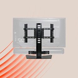 A flat-screen TV wall mount is displayed on a beige background with red curved lines. The mount is black, featuring adjustable brackets.
