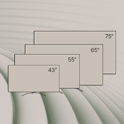 Four flat-screen TVs are shown in ascending order of size: 43", 55", 65", and 75". They overlap slightly against a neutral, wavy background.