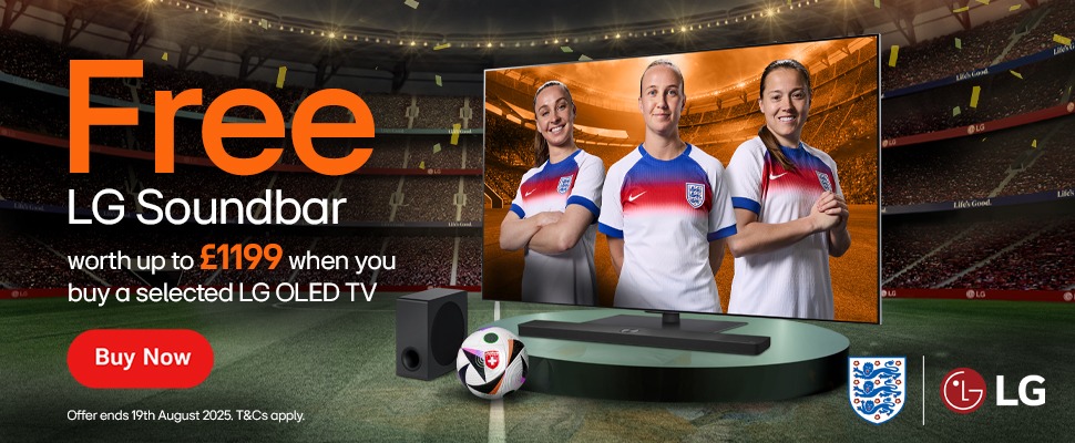 Three soccer players in kit on LG OLED TV screen. Text: "Free LG Soundbar" with purchase. Buy now button. Offer ends 19 Aug 2025.