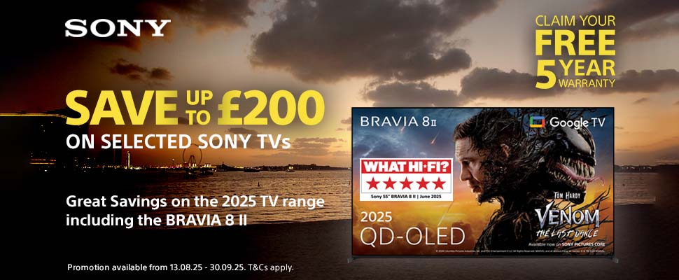 Sony TV promotion ad offering up to £200 savings and a free 5-year warranty. Features 2025 BRAVIA 8 II with Google TV, set against a sunset background.