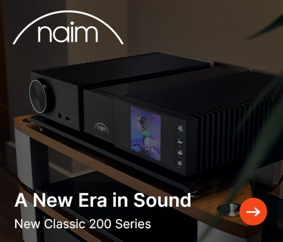 Naim audio equipment on a wooden stand, with a digital display and sleek black design. Overlay text reads "A New Era in Sound, New Classic 200 Series."