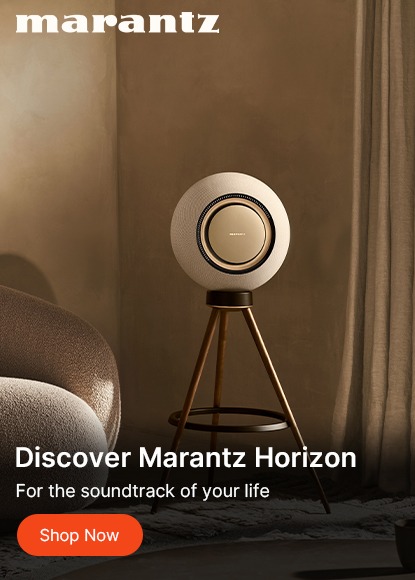 Modern speaker on tripod stand in a stylish room with warm tones. Text reads "Discover Marantz Horizon. For the soundtrack of your life." Button: "Shop Now."