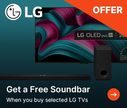 Image of an LG advertisement featuring a vibrant, abstract design on a TV screen, with a soundbar. Text reads "Get a Free Soundbar with selected LG TVs."