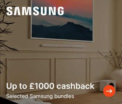A Samsung ad shows a serene living room with a landscape painting. Text reads "Up to £1000 cashback on selected Samsung bundles."