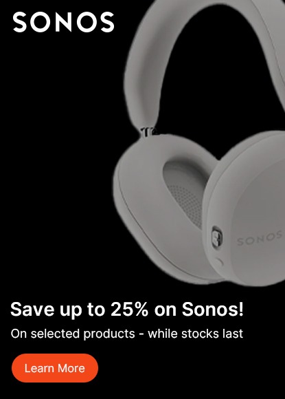 Image of white Sonos headphones against a black background. Text offers a 25% discount on select Sonos products. A red "Learn More" button is shown.