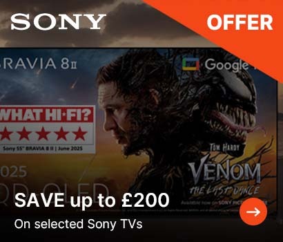 Sony promotional image featuring Tom Hardy in 'Venom: The Last Dance,' offering up to £200 off selected Sony TVs. Bold text and star rating included.