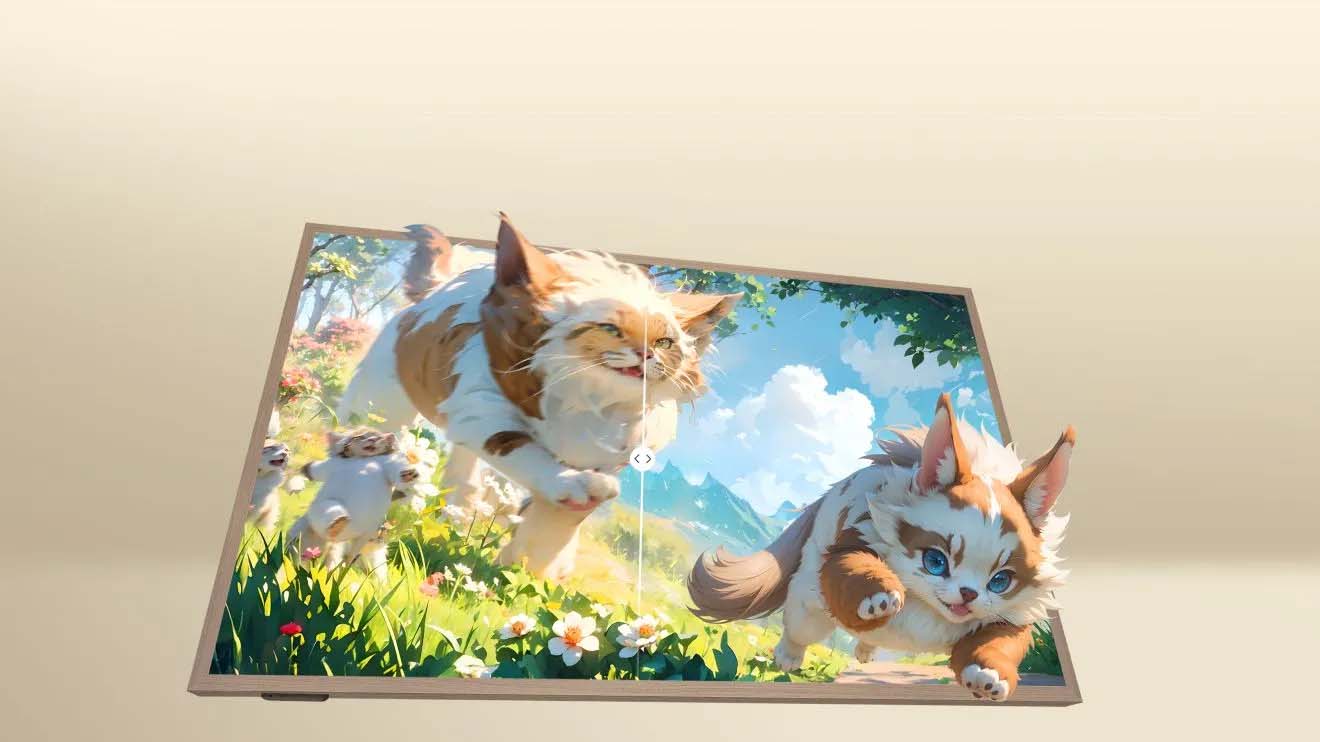Two energetic cats racing through vibrant green grass on a sunny day shown on the Canvas TV.