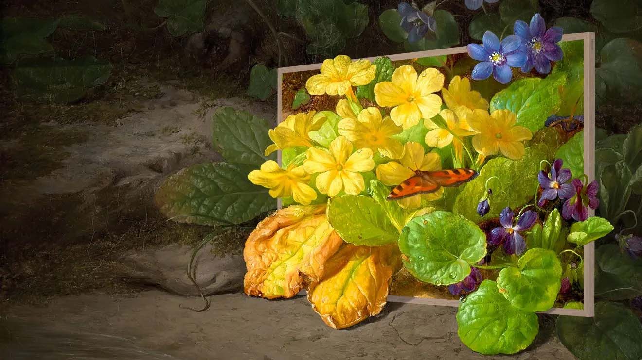 A vibrant painting of flowers and butterflies in a frame, showcasing dazzling colors in stunning 4K resolution.